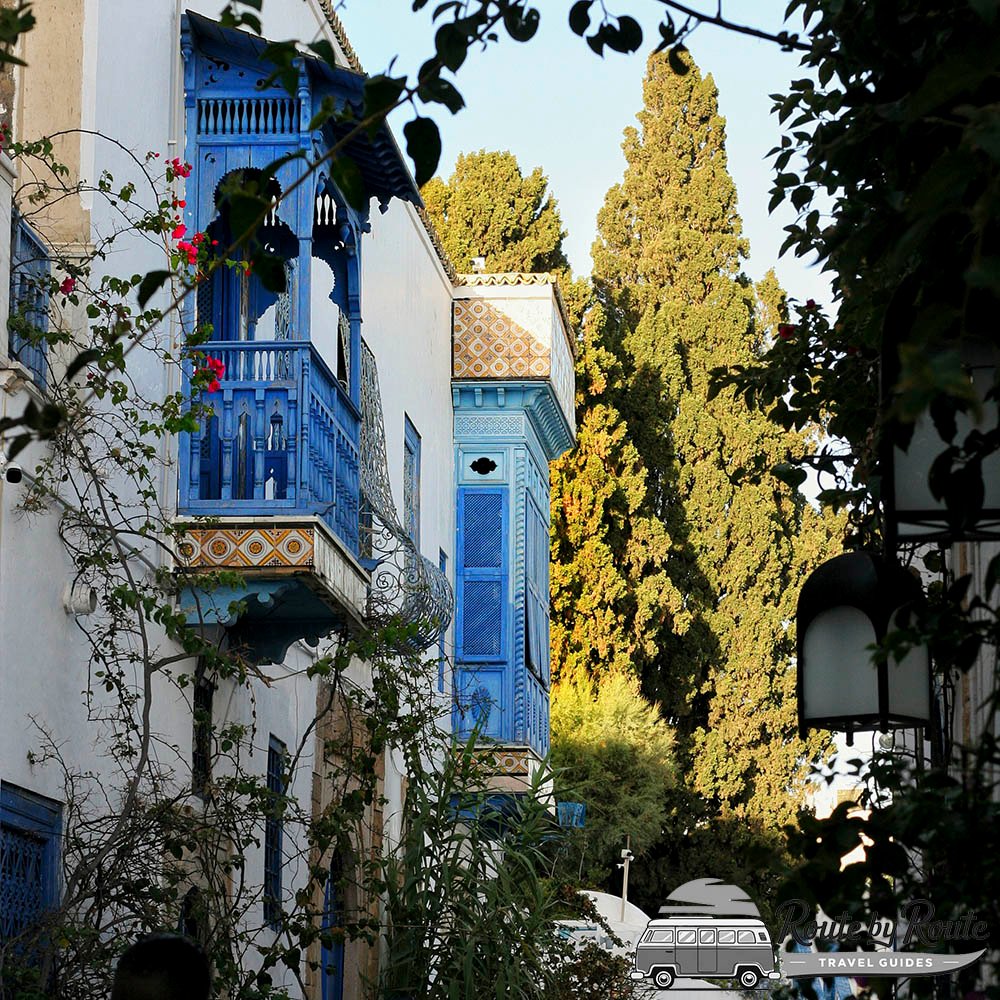 Fachadas típicas de color azul y blanco con buganvillas en el pueblo de Sidi Bou Said.
