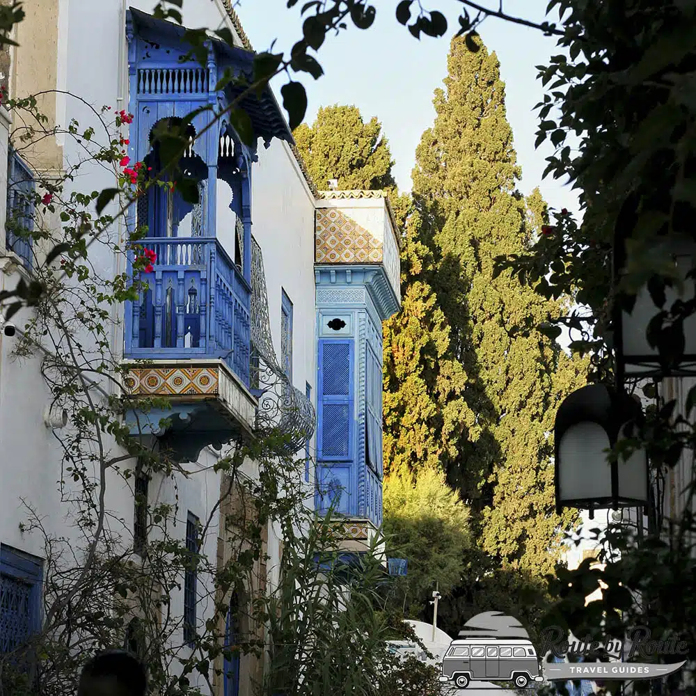 Fachadas típicas de color azul y blanco con buganvillas en el pueblo de Sidi Bou Said.