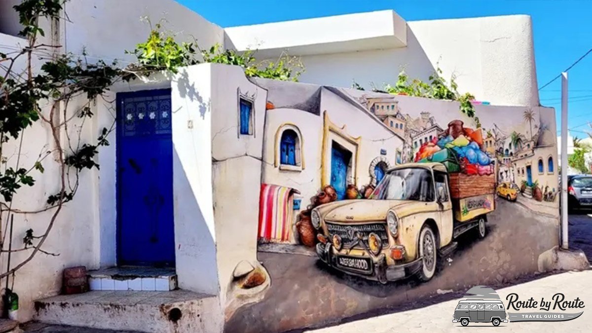 Murales de arte callejero decorando las fachadas tradicionales en Djerbahood, Erriadh