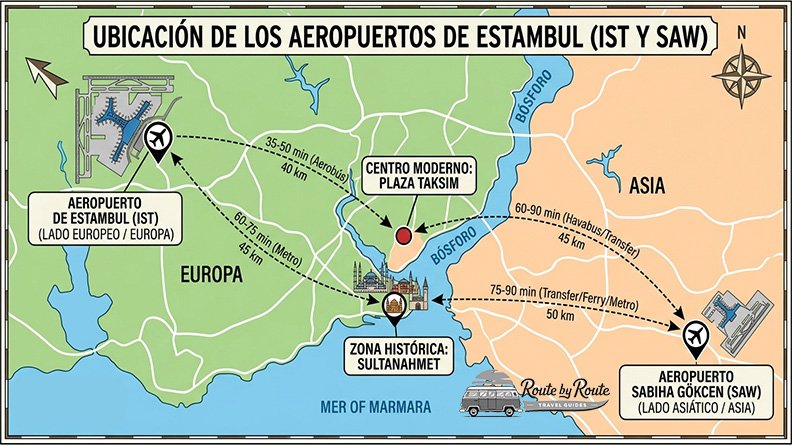 Mapa ilustrado de Estambul que muestra la ubicación exacta del Aeropuerto de Estambul (IST) en el lado europeo y el Aeropuerto Sabiha Gökçen (SAW) en el lado asiático, con líneas de tiempo para llegar a Taksim y Sultanahmet.