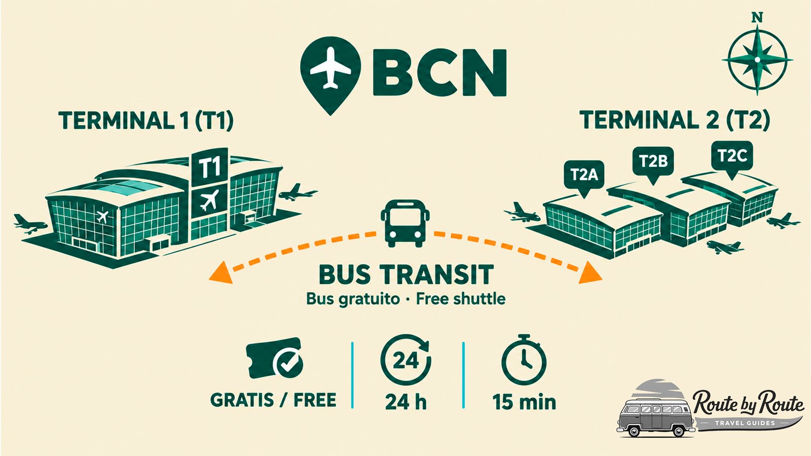 Esquema del aeropuerto de Barcelona-El Prat: la Terminal 1 y la Terminal 2 (T2A, T2B y T2C) conectadas por el bus lanzadera gratuito BusTransit, que funciona 24 h y tarda unos 15 minutos