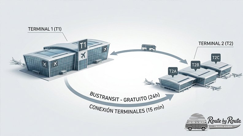 Infografía comparativa con las opciones para ir del aeropuerto de Barcelona al centro desde la T1 y T2.