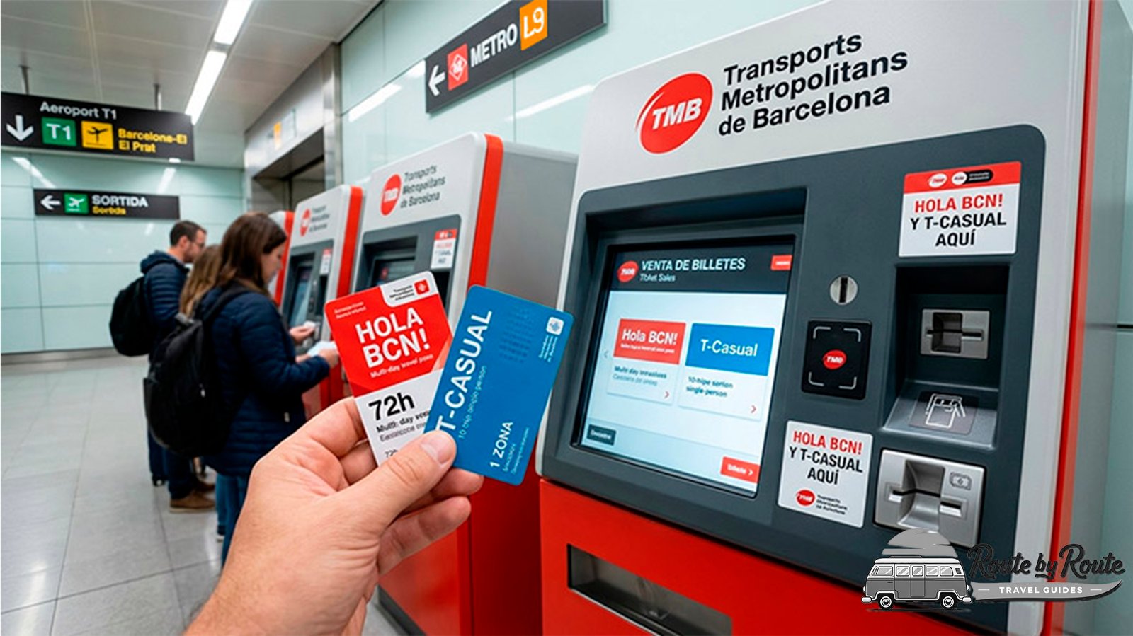 Mano sosteniendo las tarjetas Hola BCN! y T-Casual frente a una máquina expendedora de TMB en la estación de metro del aeropuerto de Barcelona