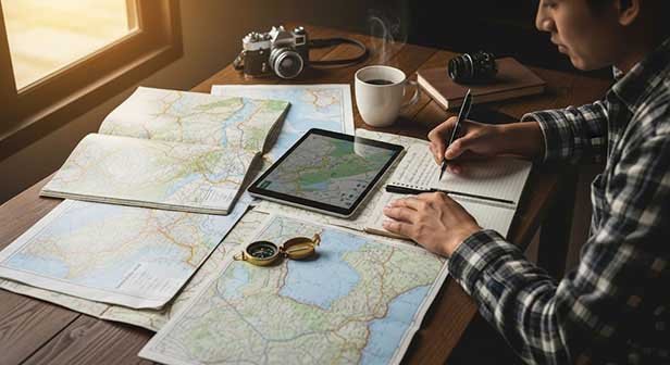 Hombre planificando un viaje sobre un mapa mundi