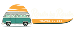 Logotipo completo de Route by Route con furgoneta camper, puesta de sol naranja y banner naranja. El texto cursivo es blanco, diseñado para fondos claros.