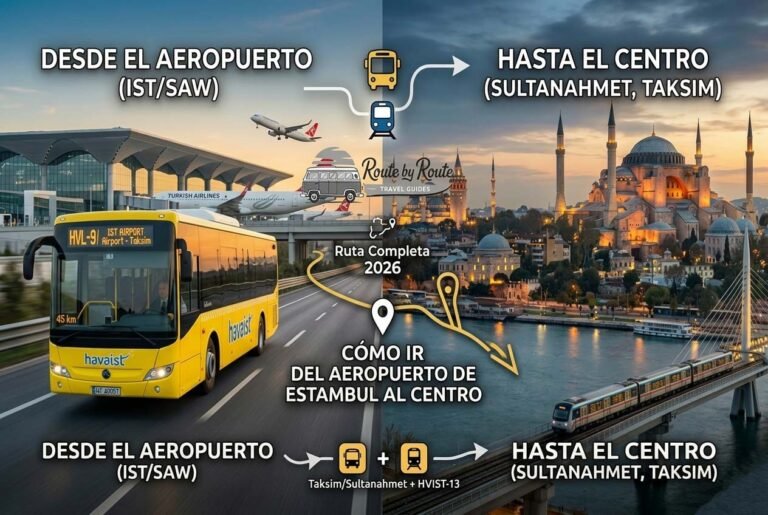 Infografía dividida que compara el viaje desde los aeropuertos IST y SAW de Estambul hacia el centro (Sultanahmet, Taksim). Muestra autobuses Havaist, aviones, monumentos históricos y una ruta de metro con tiempos de viaje.