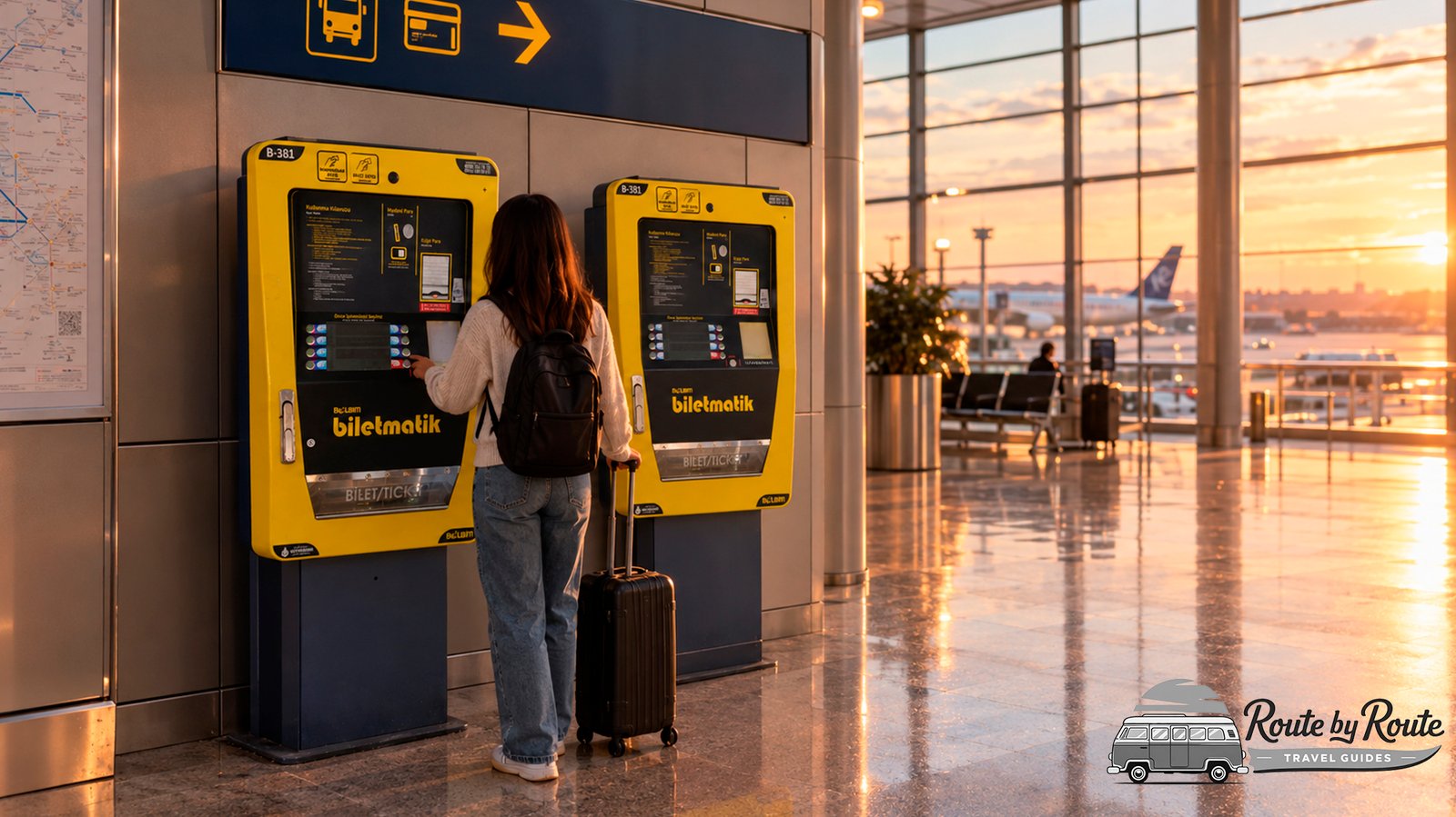 Dos máquinas expendedoras Biletmatik amarillas en una terminal del Aeropuerto de Estambul, con una viajera comprando o recargando una Istanbulkart