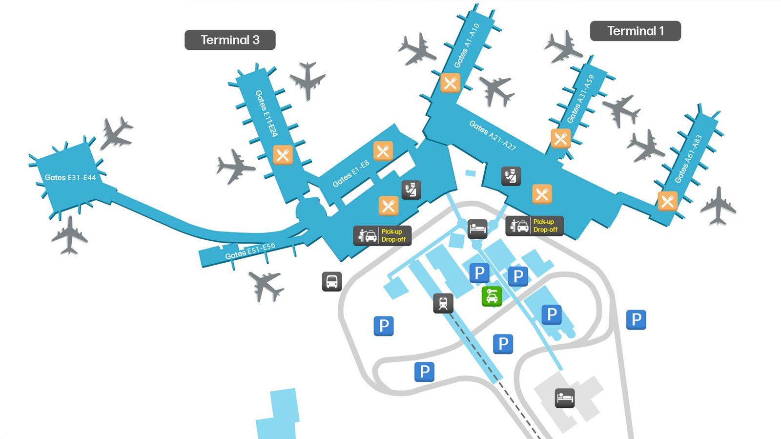 Mapa de las terminales 1 y 3 del Aeropuerto de Roma Fiumicino (FCO)