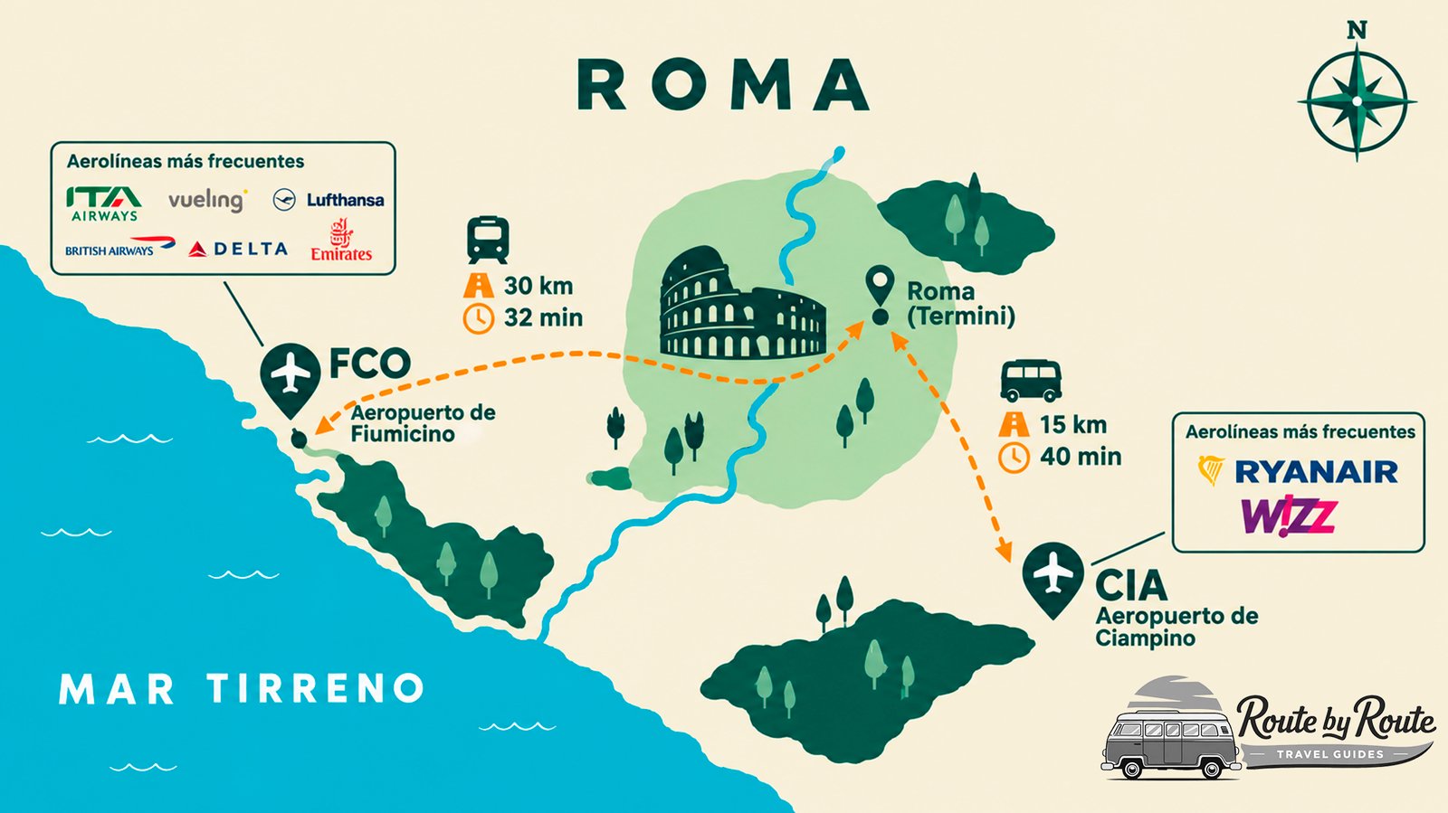 Mapa ilustrado de Roma con los aeropuertos de Fiumicino (FCO), a 30 km y 32 min en tren de Roma Termini, y de Ciampino (CIA), a 15 km y 40 min en autobús, con las aerolíneas más frecuentes de cada uno