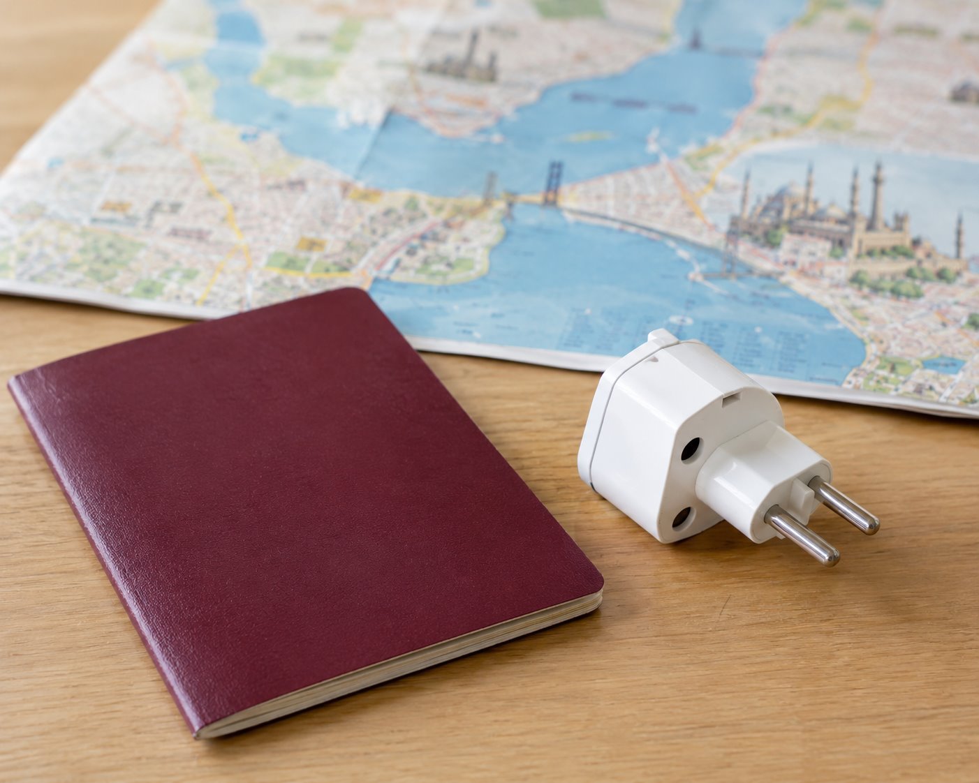 Pasaporte de tapa burdeos, adaptador de enchufe europeo de dos clavijas redondas y mapa de Estambul sobre una mesa de madera