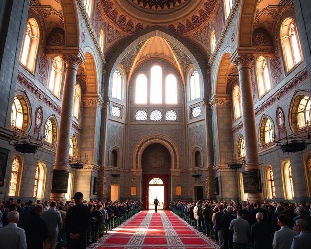 Sala de oración de una mezquita con fieles a ambos lados de una alfombra roja