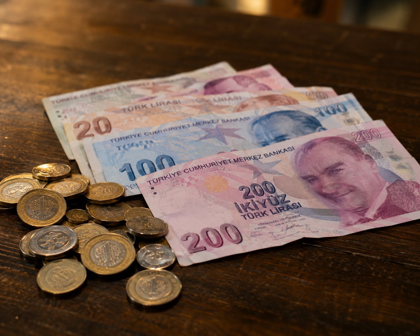 Billetes y monedas de lira turca sobre una mesa de madera oscura