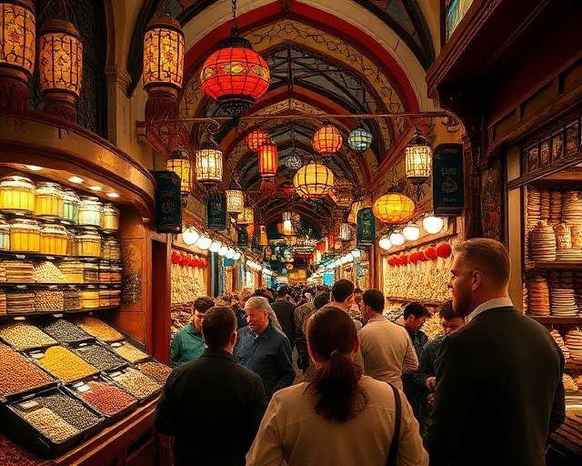 Bazar tradicional con farolillos y puestos de especias, con clientes regateando