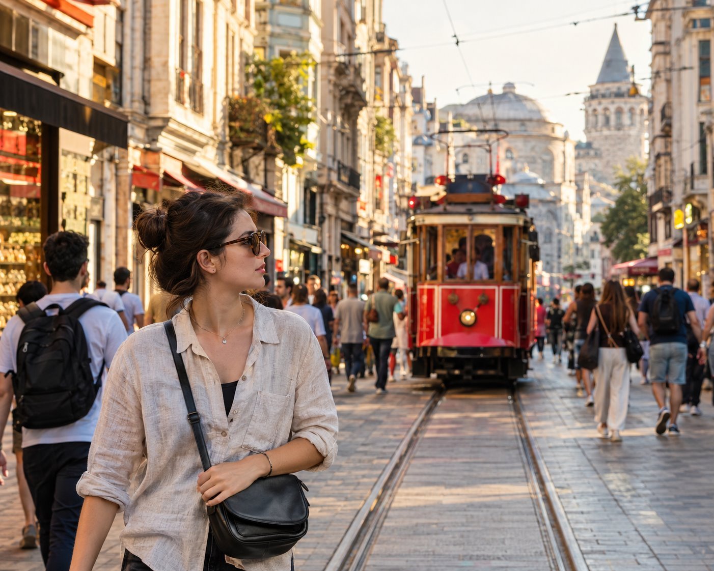 Turista con el bolso cruzado cerrado, sujeto con la mano, en la avenida Istiklal con el tranvía rojo histórico y la Torre de Gálata al fondo
