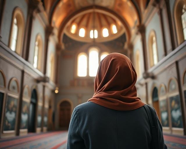 Mujer con pañuelo en la cabeza, de espaldas, en el interior de una mezquita iluminada por ventanales