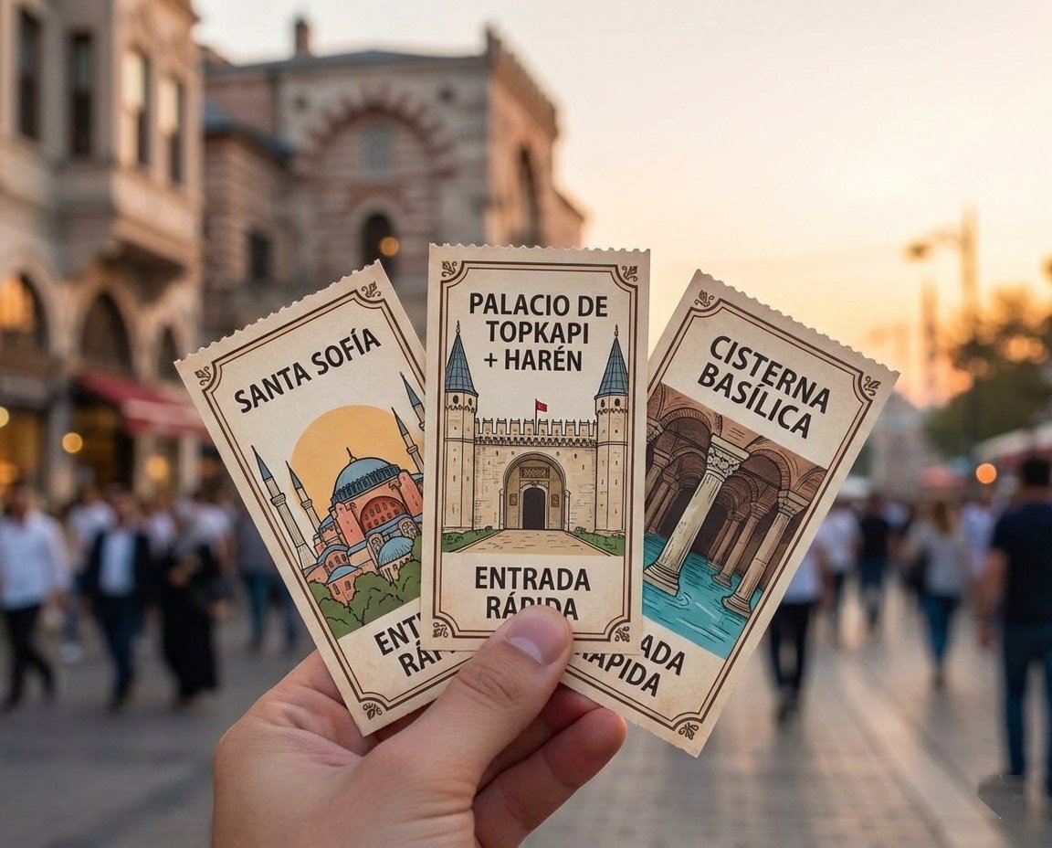 Tres entradas ilustradas sostenidas en la mano: Santa Sofía, Palacio de Topkapi + Harén y Cisterna Basílica