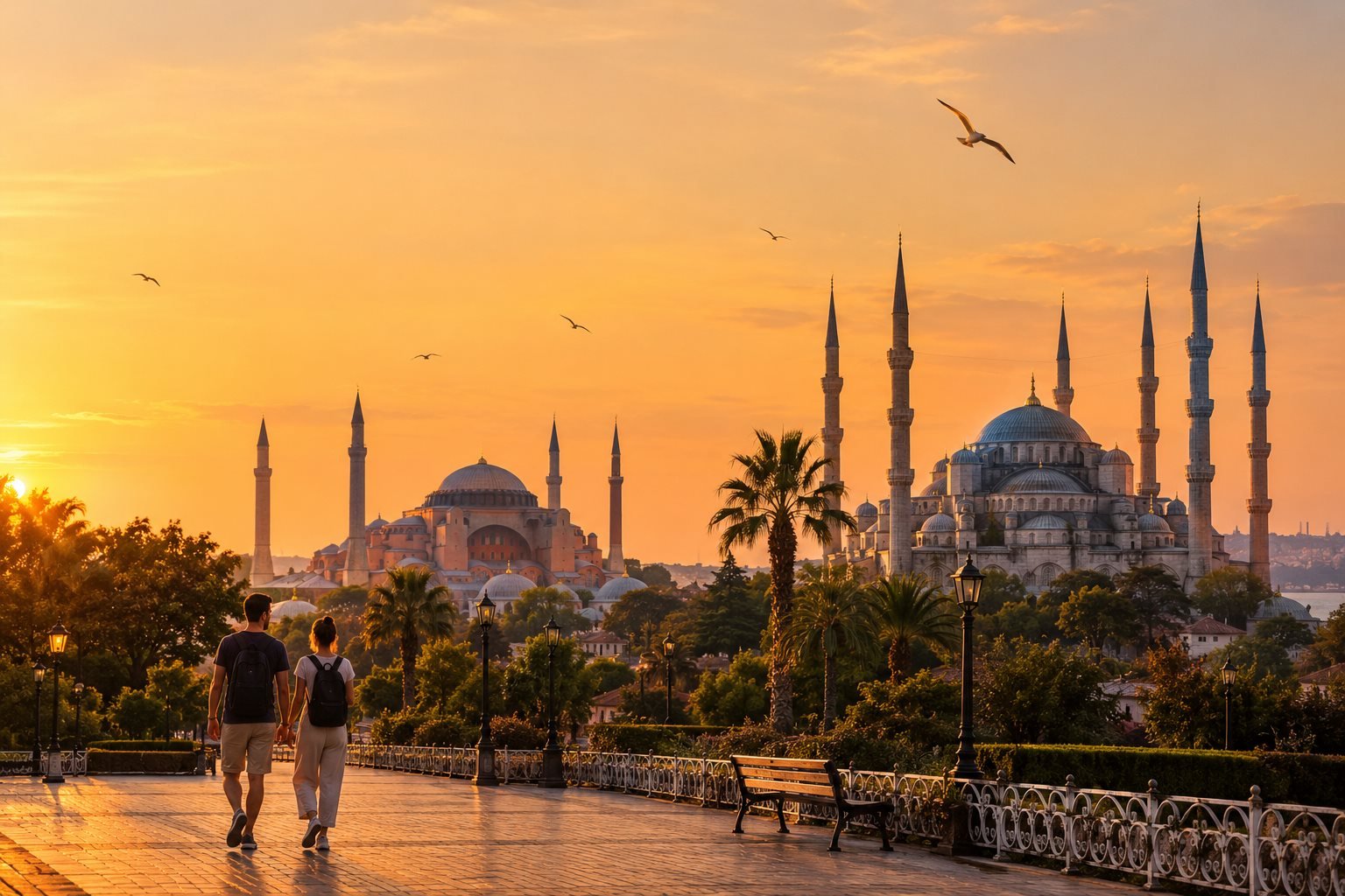 Pareja de viajeros paseando al atardecer por la plaza de Sultanahmet, con Santa Sofía a la izquierda y la Mezquita Azul con sus seis minaretes a la derecha, bajo un cielo naranja con gaviotas