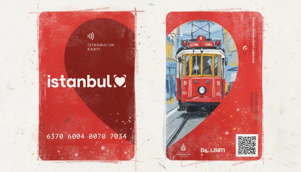 Tarjeta IstanbulKart roja con la ilustración de un tranvía histórico y el logotipo de Estambul
