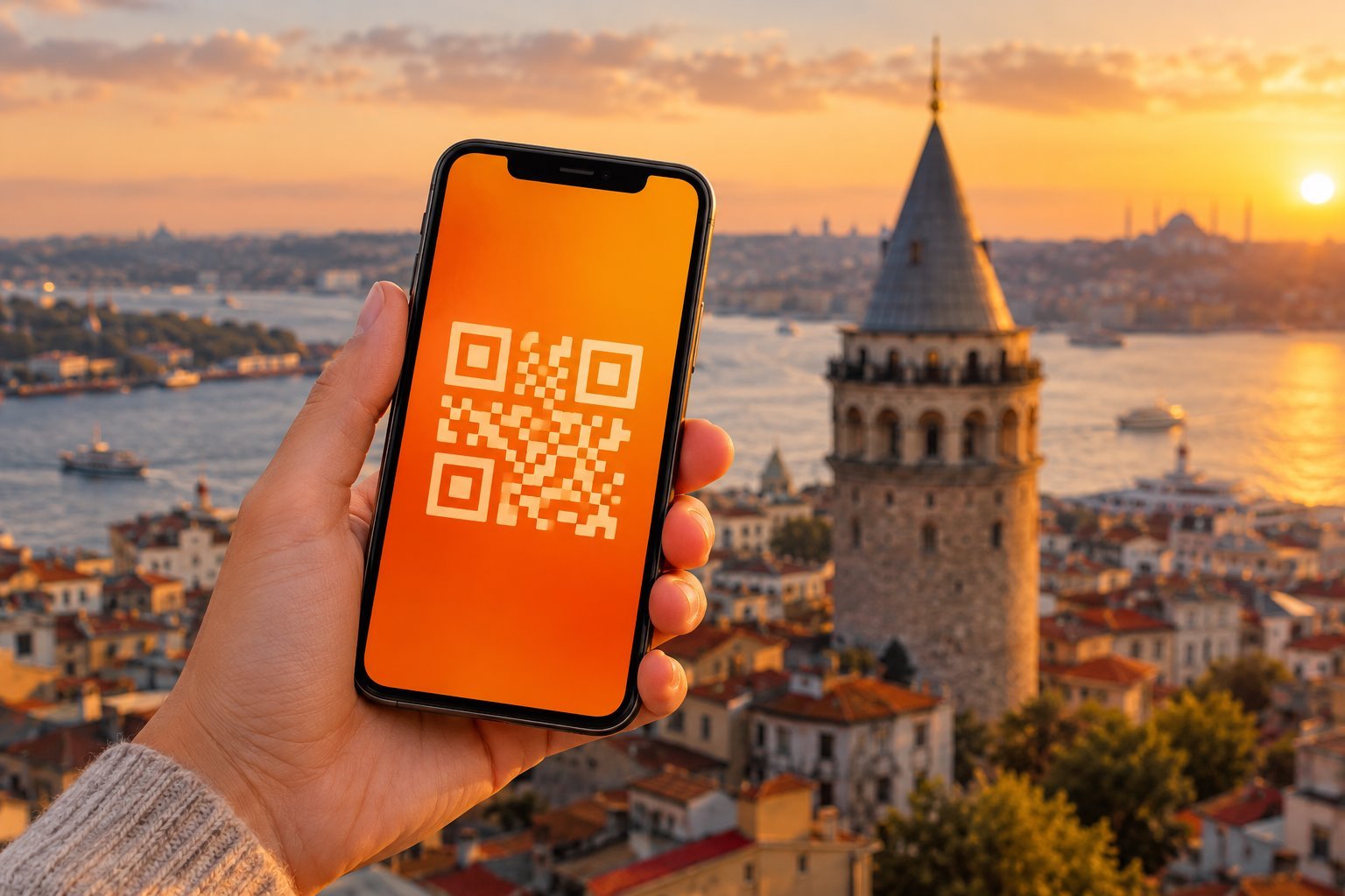 Mano sosteniendo un móvil con un pase digital naranja y un código QR, con la Torre de Gálata y el Cuerno de Oro al atardecer