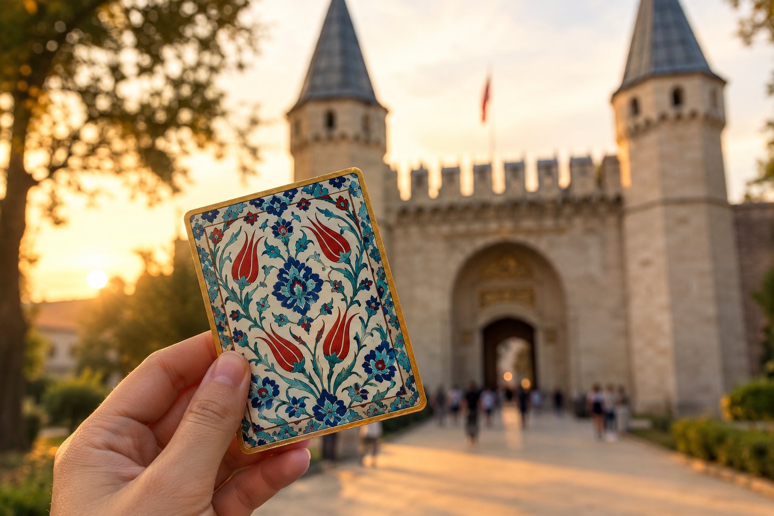 Mano sosteniendo una tarjeta con un motivo de azulejos de Iznik con tulipanes rojos y flores azules, frente a la Puerta Imperial del Palacio de Topkapi