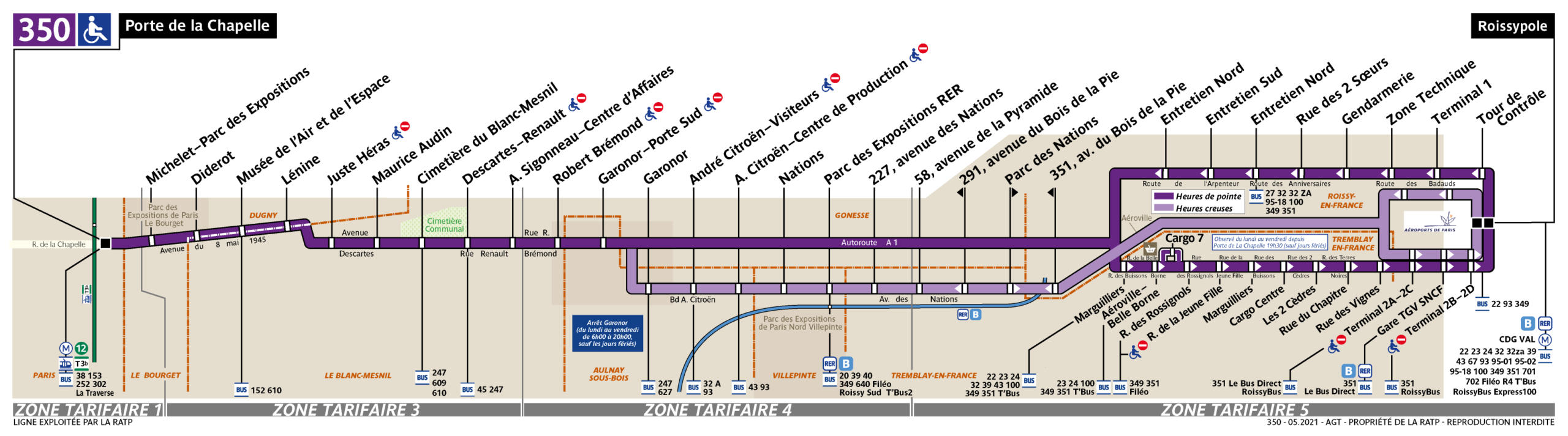 Mapa de paradas de la línea de autobús 350 entre Porte de la Chapelle y Roissypôle (aeropuerto Charles de Gaulle)