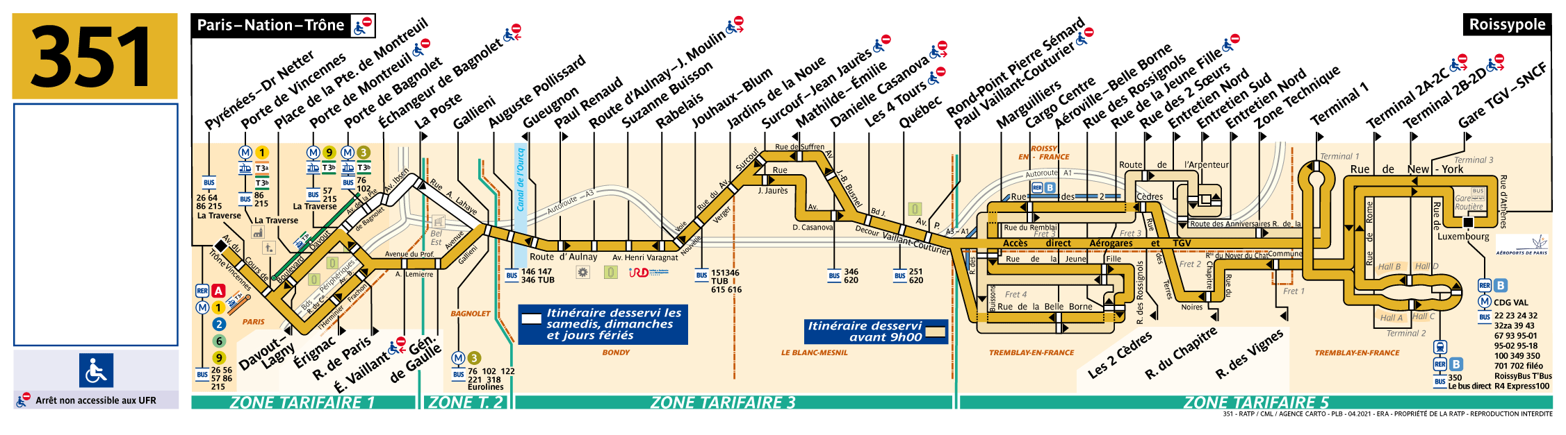 Mapa de paradas de la línea de autobús 351 entre Nation y Roissypôle (aeropuerto Charles de Gaulle)