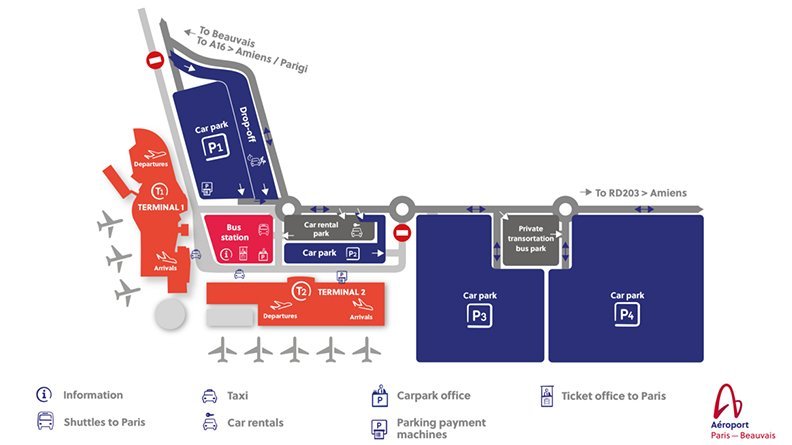Plano del aeropuerto de Beauvais con las terminales 1 y 2, la estación de autobuses y el punto de venta de billetes a París