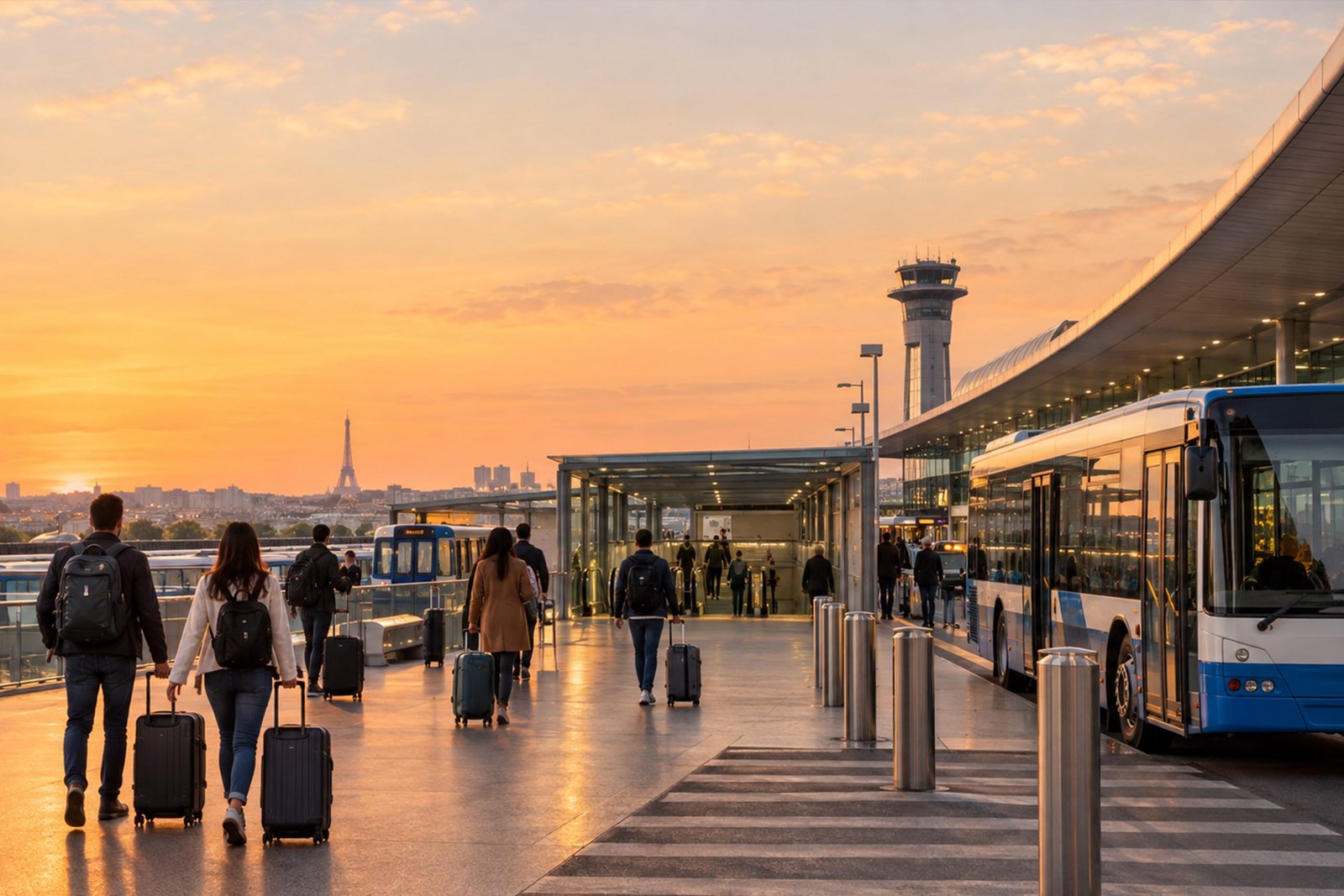 Viajeros con maletas caminando al atardecer por una pasarela del aeropuerto hacia la parada de autobuses, con la Torre Eiffel en el horizonte y la torre de control al fondo